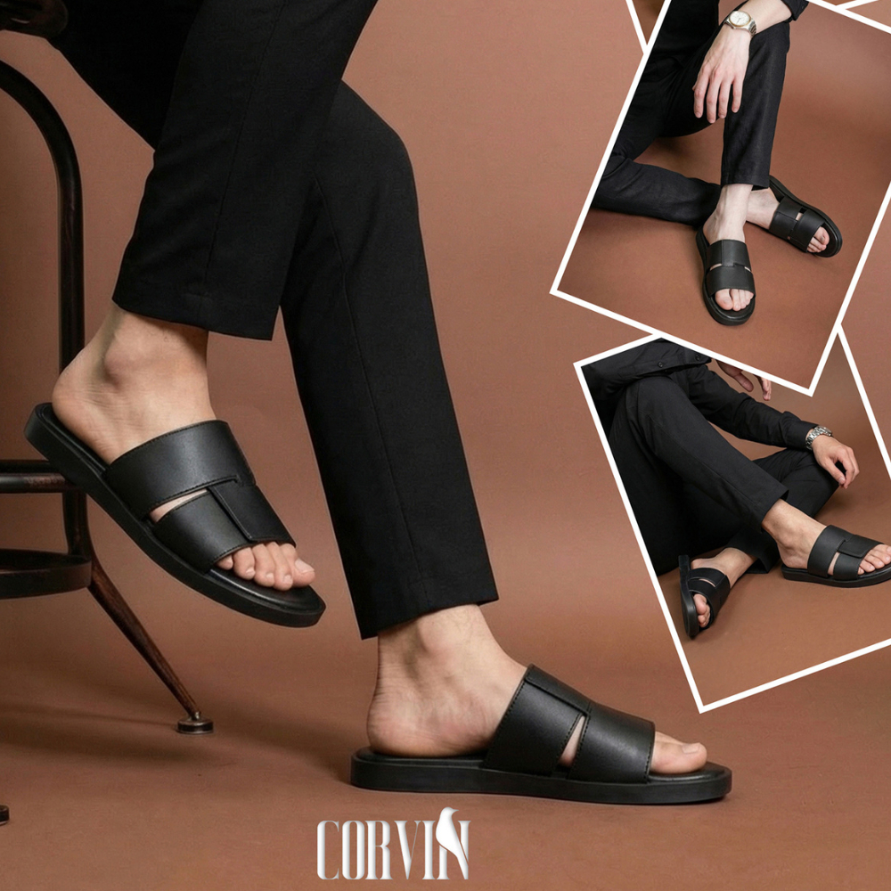 Dép da nam CORVIN quai da Microfiber đế bằng cao su bền bỉ chống thấm nước chống trơn trượt chống hô