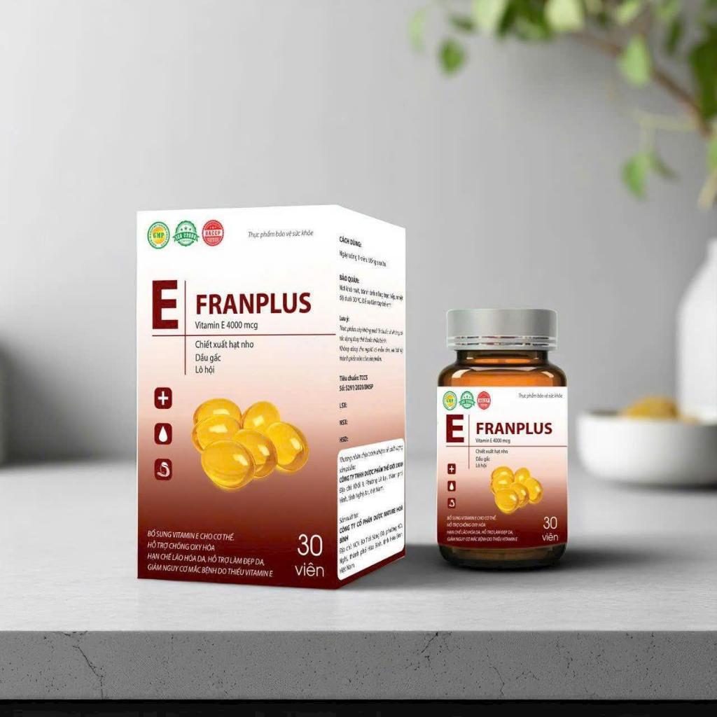 Vitamin E Đỏ FranPlus 4000 (Hộp 30 viên) - Hỗ trợ làm đẹp da trắng da, mờ nám, giảm thâm sạm, làm đẹ