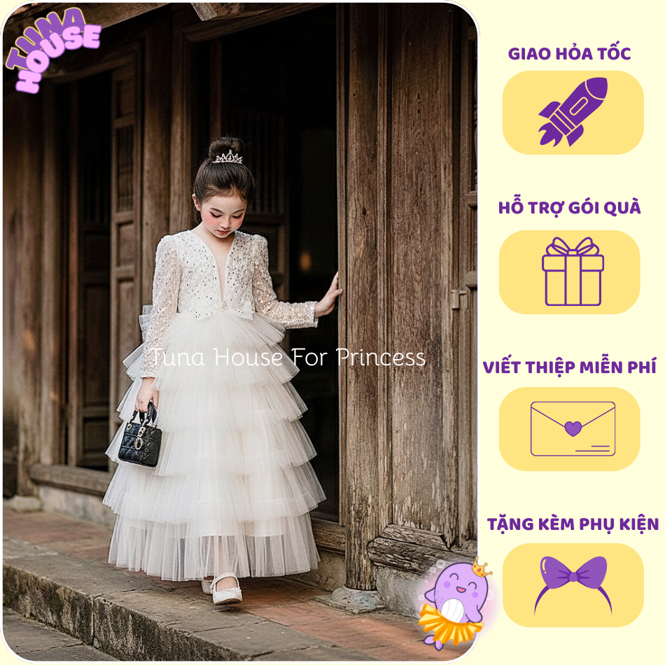 [𝐇𝐎̉𝐀 𝐓𝐎̂́𝐂][Sẵn 9-40kg] Váy đầm xoè công chúa tay dài kim sa lấp lánh layer dài cho bé gái - Tuna H