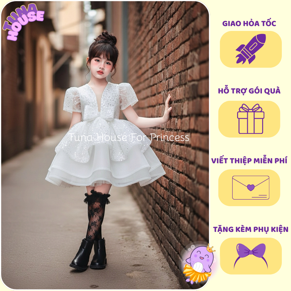 [𝐇𝐎̉𝐀 𝐓𝐎̂́𝐂] [Sẵn 9-40kg] Váy đầm xoè công chúa thiết kế cho bé gái ngực chéo trắng cá tính - Tuna H