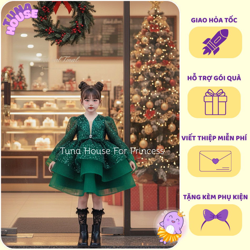 [Sẵn size 9-40kg] Váy đầm xoè công chúa cho bé gái dài tay xanh lá mặc Noel giáng sinh cute  - Tuna 
