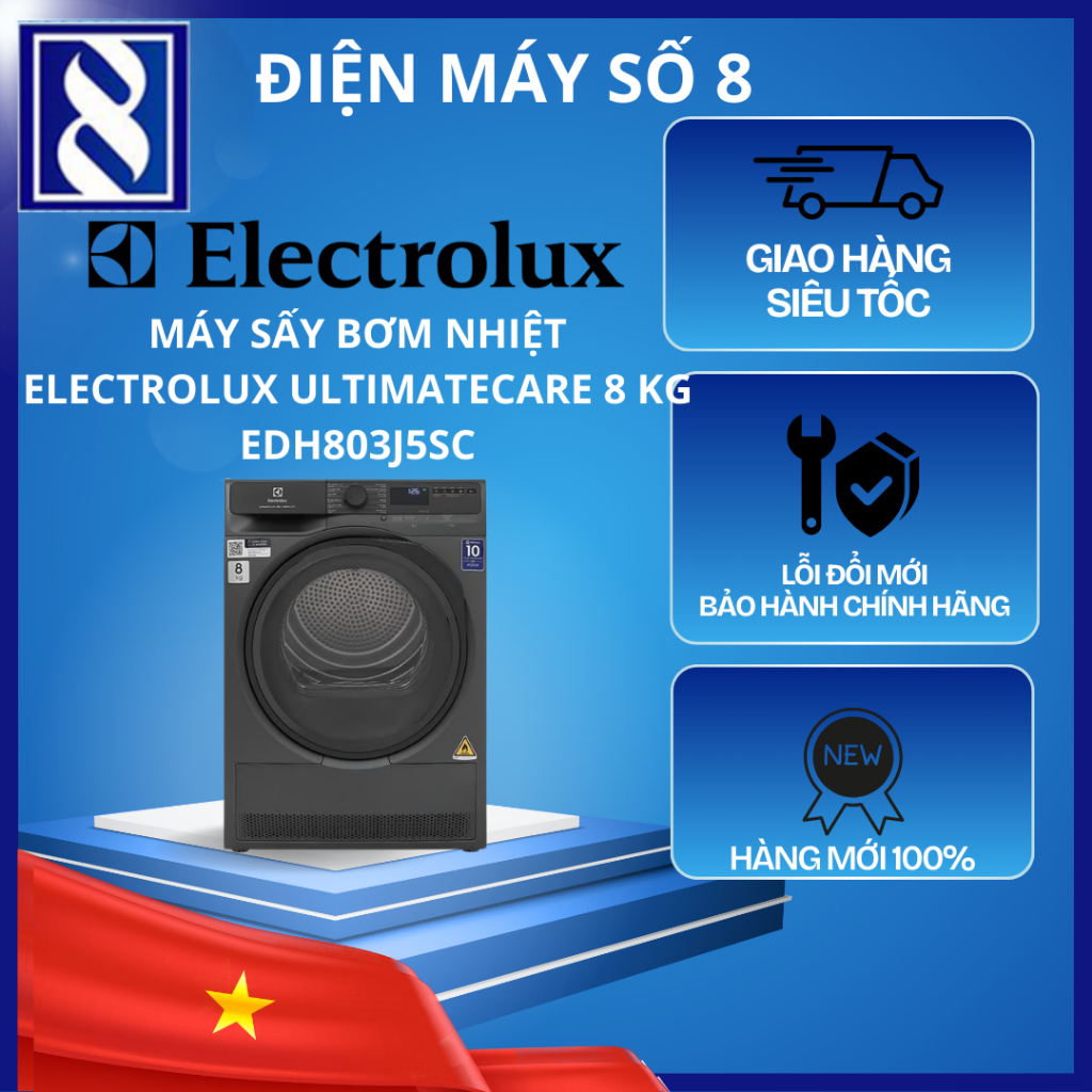 Điện Máy Số 8 | EDH803J5SC | Máy sấy bơm nhiệt Electrolux UltimateCare 8 kg EDH803J5SC - Chính Hãng