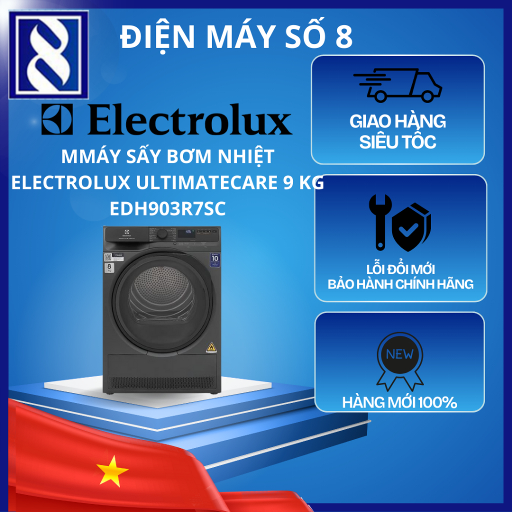 Điện Máy Số 8 | EDH903R7SC | Máy sấy bơm nhiệt Electrolux UltimateCare 9 kg EDH903R7SC - Chính Hãng