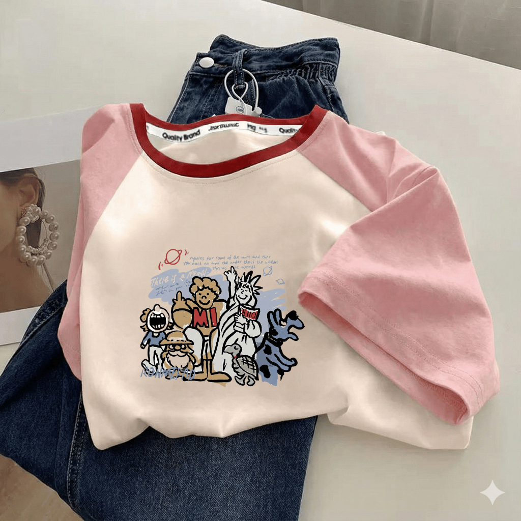 Áo Thun Ngắn Tay Phối Ragan Cotton In Hình Dễ Thương NEONVN STUDIO - Thiết Kế Cổ Tròn, Dáng Rộng Tho