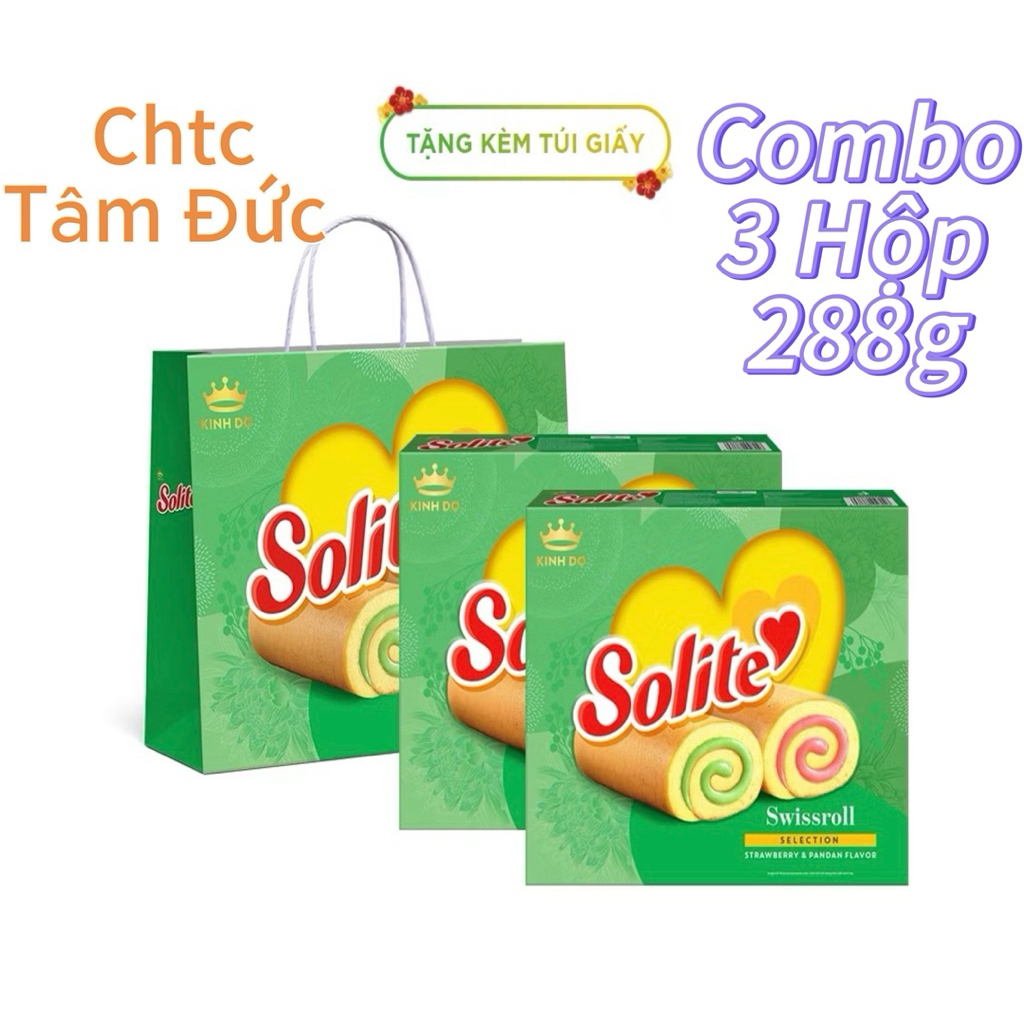 (Kèm túi xách)Combo 3 Hộp Tết Solite - Bánh bông lan cuộn kem vị lá dứa và vị dâu, hộp giấy 324g
