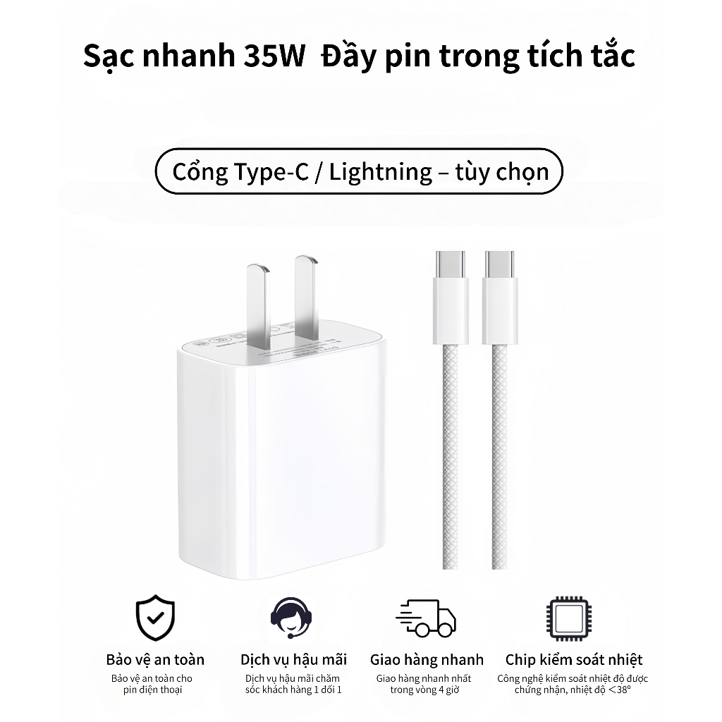Bộ sạc nhanh PD 35W, hỗ trợ Type-C & Lightning,hàng chính hãng cáp sạc nhanh