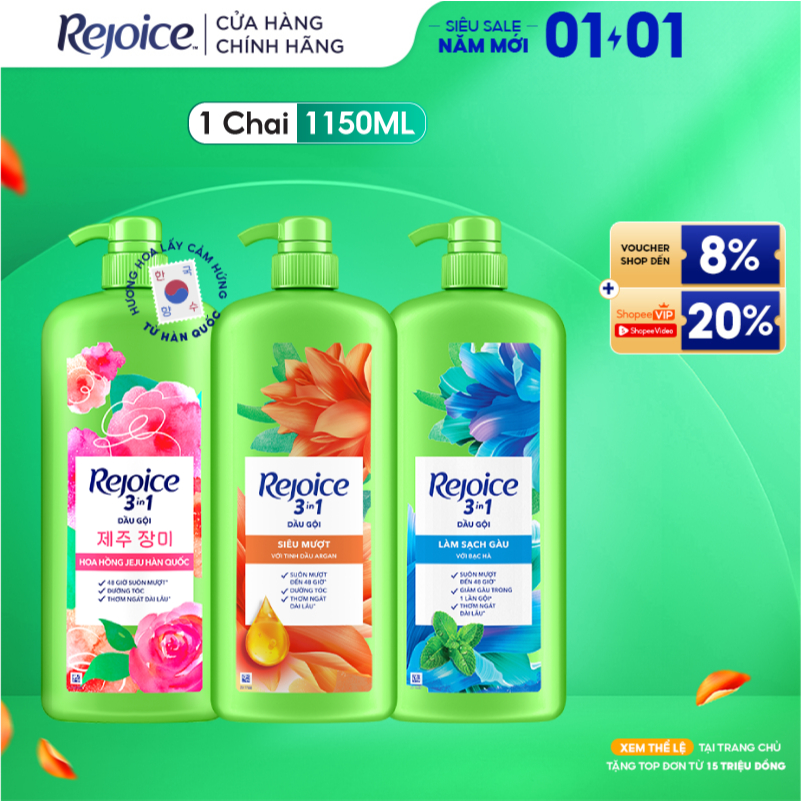  Dầu Gội REJOICE 3 Trong 1 Với Chiết Xuất Từ Tinh Dầu Argan Siêu Mượt  Bạc Hà Sạch Gàu  Hoa Hồng Jeju Chai 1150ml 