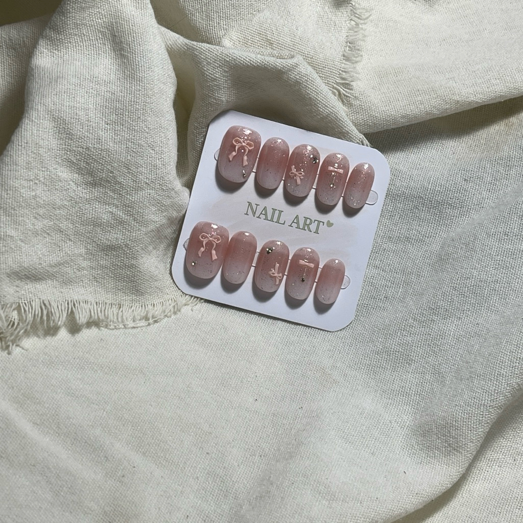 H46. Nailbox thạch hồng ombre trắng nhũ đính nơ