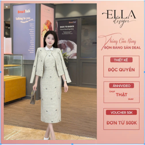 Sét Váy Đầm Liền Kèm Áo Khoác Dạ Thiết Kế Ella Desgin nữ kiểu dáng váy bút chì suông được làm 2 lớp 