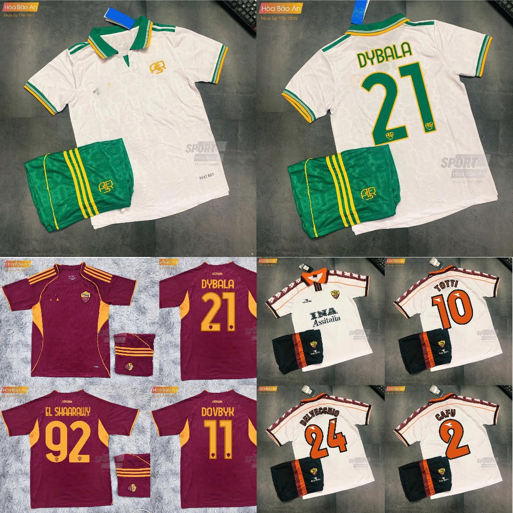 Bộ quần áo bóng đá CLB AS Roma 2025/26 màu trắng phối xanh lá viền vàng - in tên cầu thủ Dybala số 2