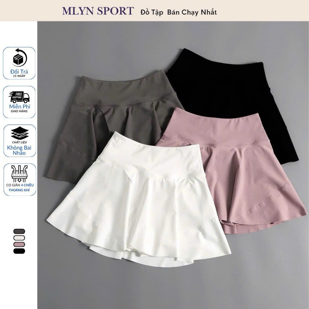 MLYN SPORT Chân Váy Tennis Nữ Lưng Cao Có Quần Bảo Hộ – Váy Thể Thao Xếp Ly Tập Gym Yoga Co Giãn - S