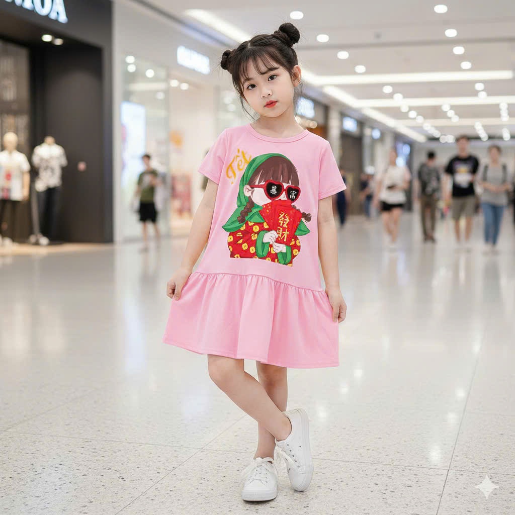 Đầm Tết 2026 cho bé gái họa tiết hoạt hình, chất mịn mát, bé mặc đi Chơi Tết.DAM09