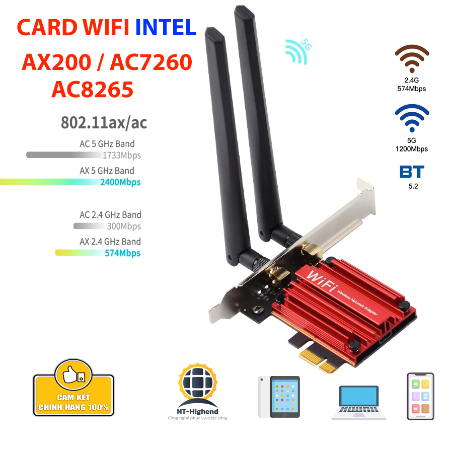 CARD WIFI INTEL AC7260 AC8265 AX200 cho PC Tốc độ cao có TẢN NHIỆT Chuẩn WIFI5 WIFI6 và Bluetooth