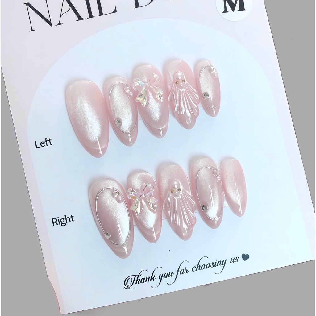 [G22] - Nailbox thiết kế - móng úp sơn gel mắt mèo hồng thạch đính nơ
