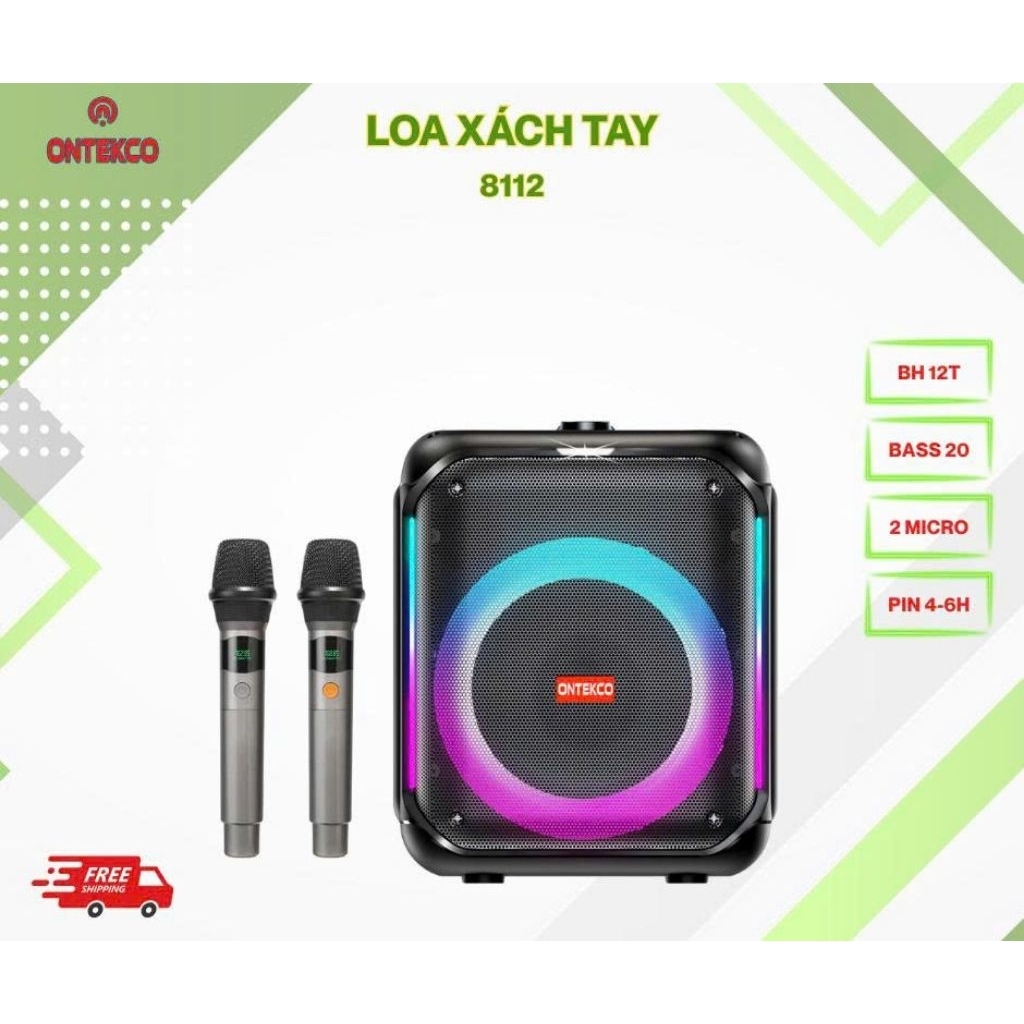 Loa Xách Tay ONTEKCO 8112 Đèn Led Bluetooth Karaoke Chuyên Nghiệp Bass 20 Công Suất Lớn, Kèm 2 Micro