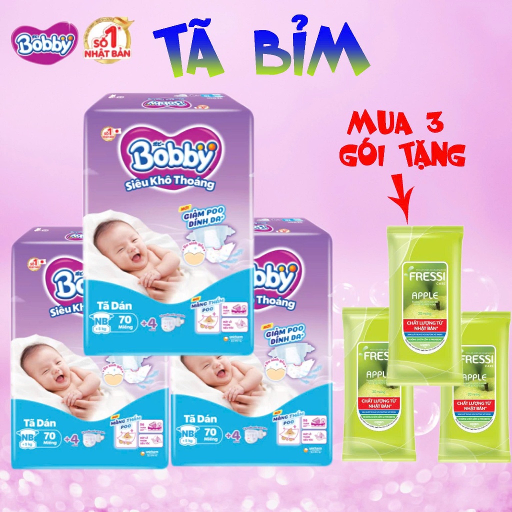 (Tặng 3 khăn ướt 20m) Combo 3 gói tã dán sơ sinh NB70+4 miếng (dưới 5kg)