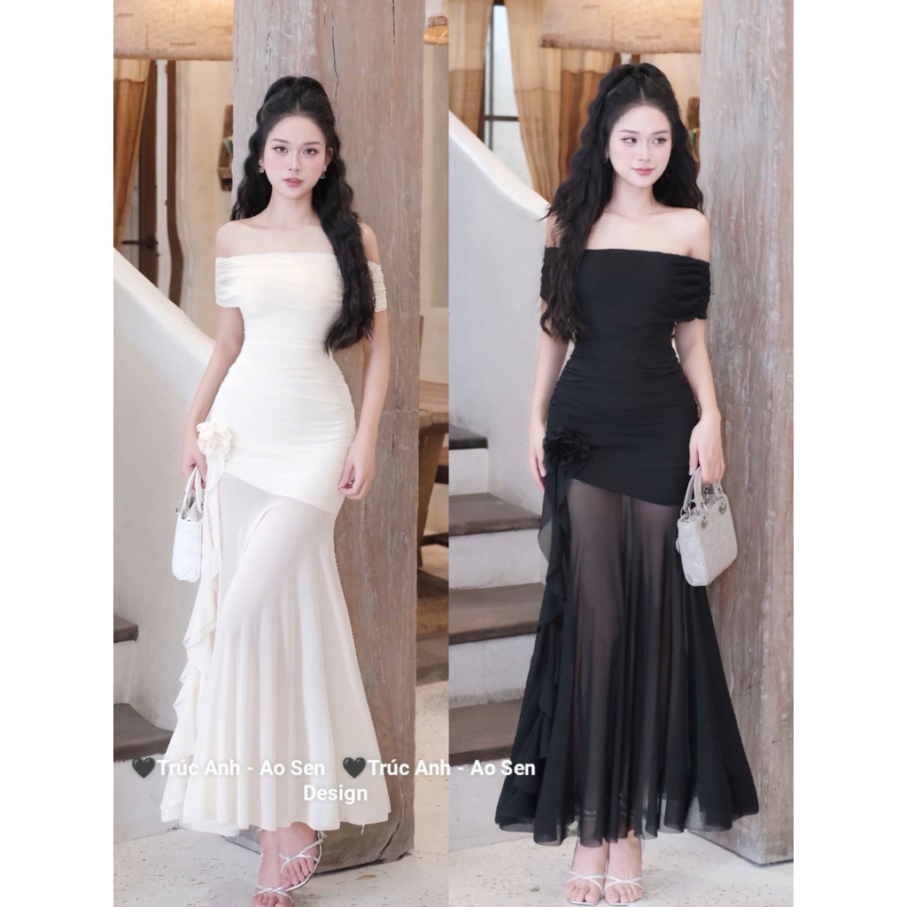 Đầm Dự Tiệc Cúp Ngực Dáng Dài Phối Voan Xuyên Thấu Quyến Rũ