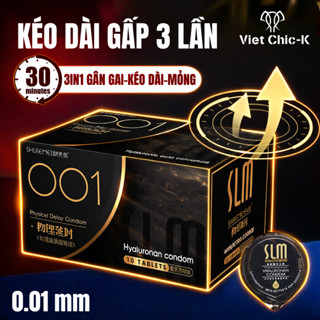 Bao cao su gân gai kéo dài SLM siêu mỏng 001mm , nhiều gel bôi trơn Hộp 10 bcs