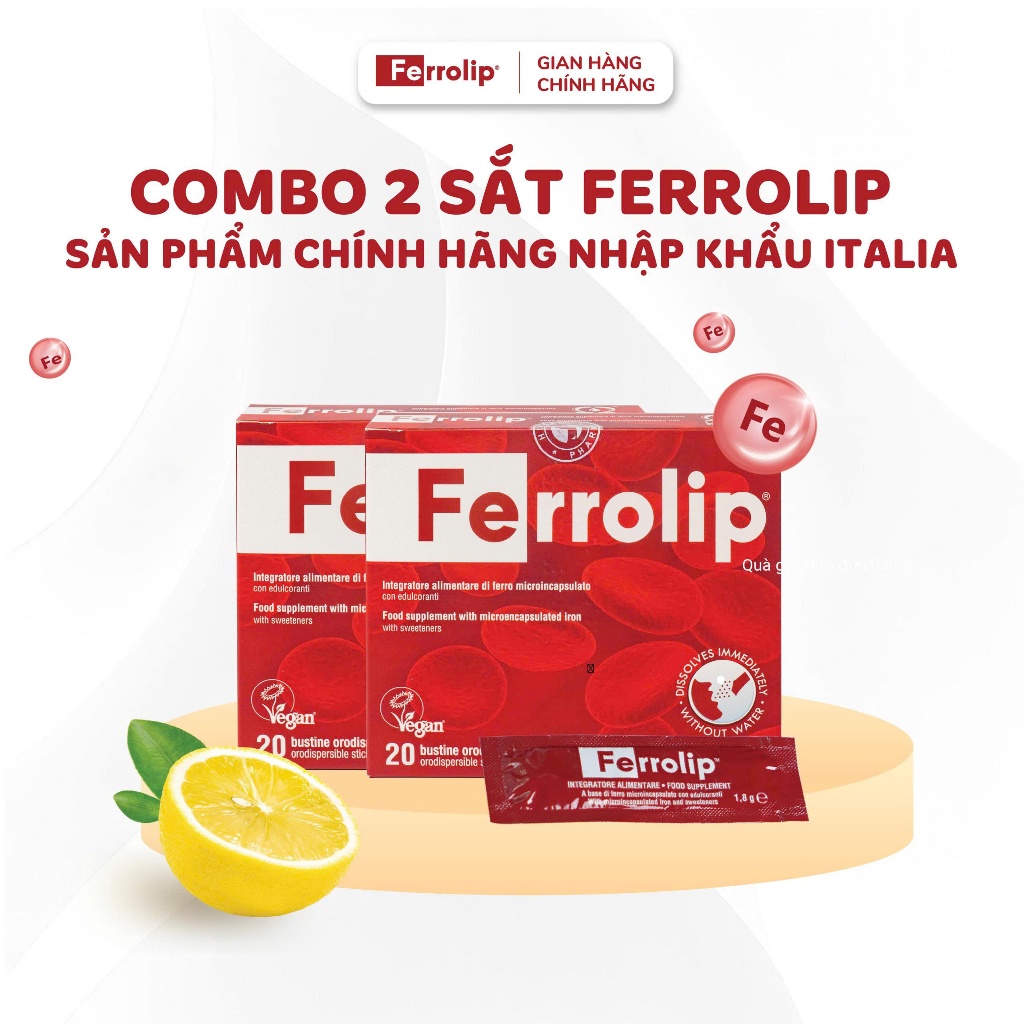 Combo 2 Sắt Ferrolip - Sắt bao vi nang dành cho mẹ bầu & người trưởng thành - Hộp 20 gói