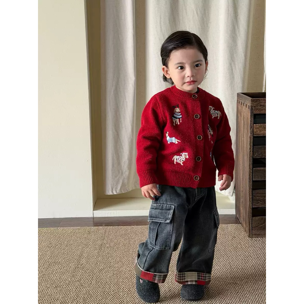Bộ đồ len đỏ cho bé trai, đồ thu đông, đồ mặc Tết DB31