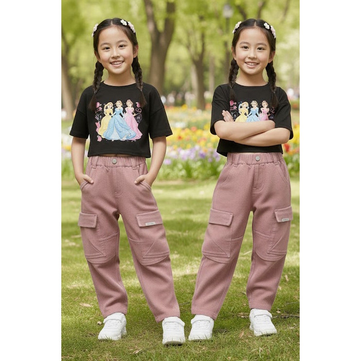 12-32kg Quần Cargo Bé Gái Màu Hồng GZ03 Vải Jean Mềm, Ống Suông Túi Hộp Thời Trang Cho Bé