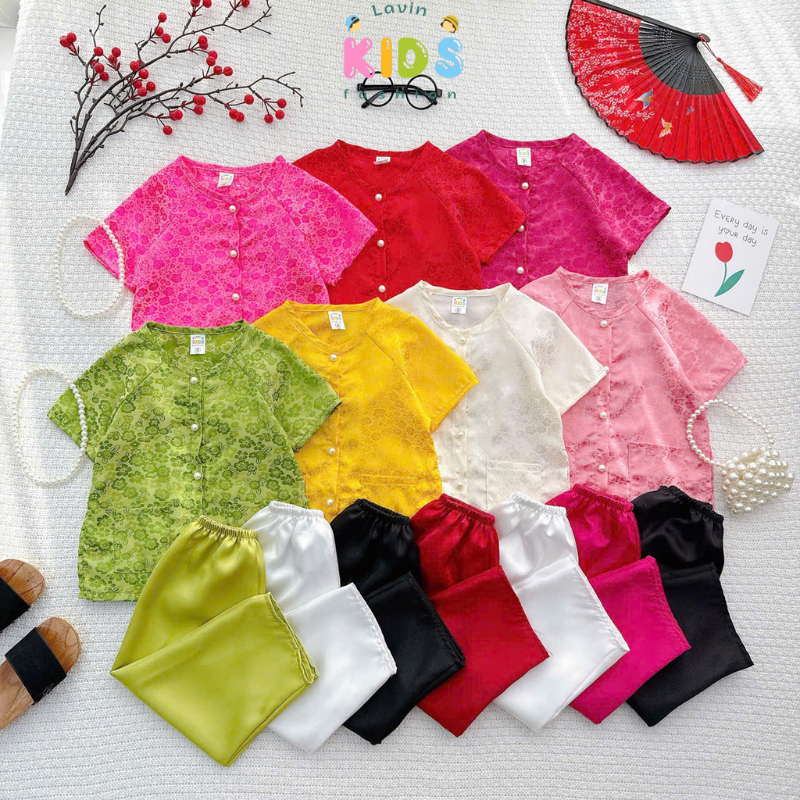 Bộ bà ba áo gấm quần lụa cho bé gái size 8-20kg- Lavin Kids