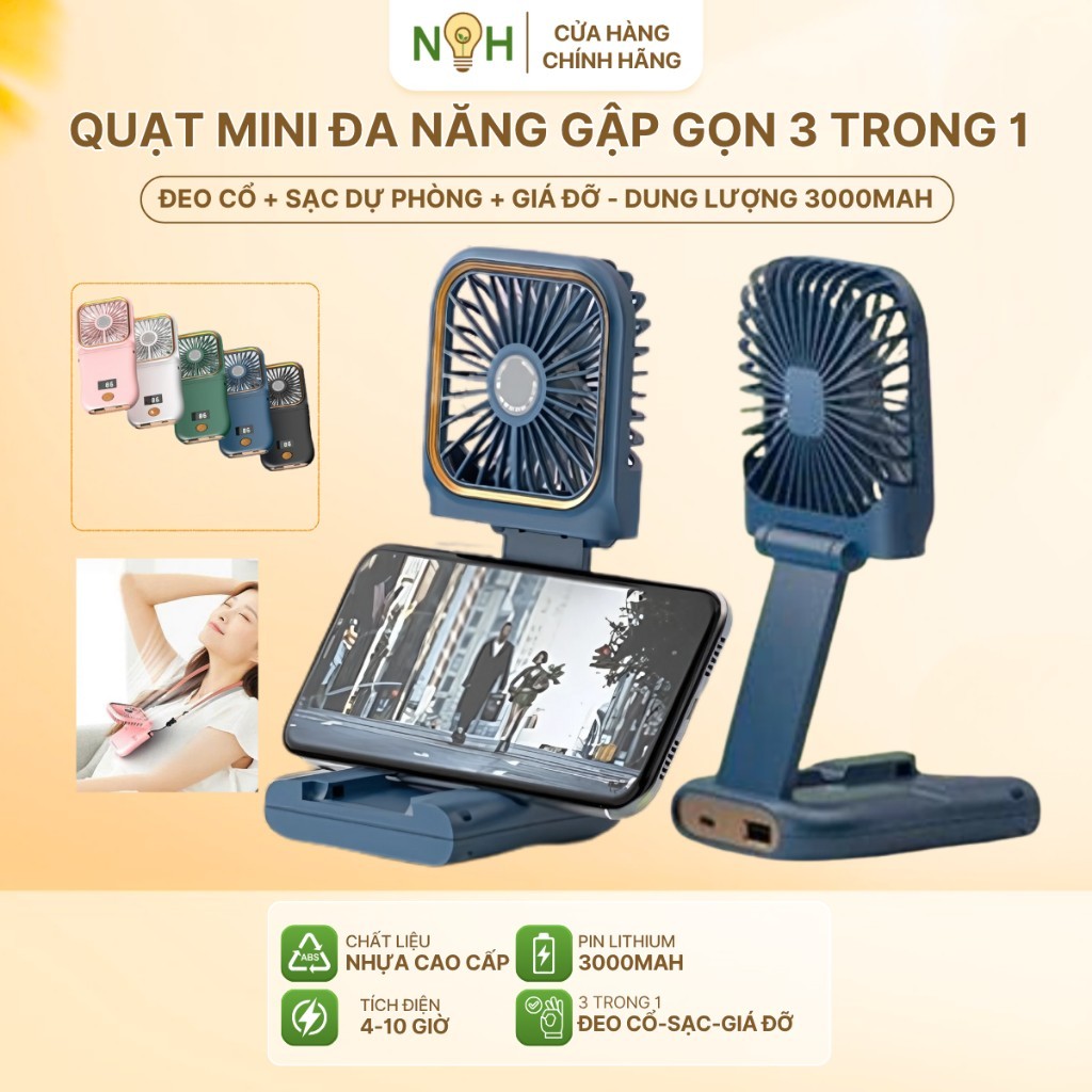 Quạt tích điện mini kèm cục sạc dự phòng, quạt mini có giá đỡ điện thoại, 3 chế độ gió sạc dự phòng
