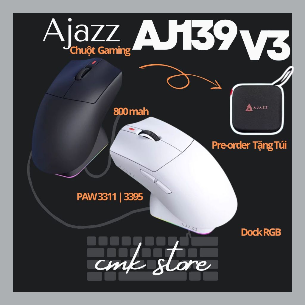 Chuột Gaming không dây AJAZZ AJ139 v3 MC - 3 MODE - PIN 800 mAh - DOCK SẠC RGB