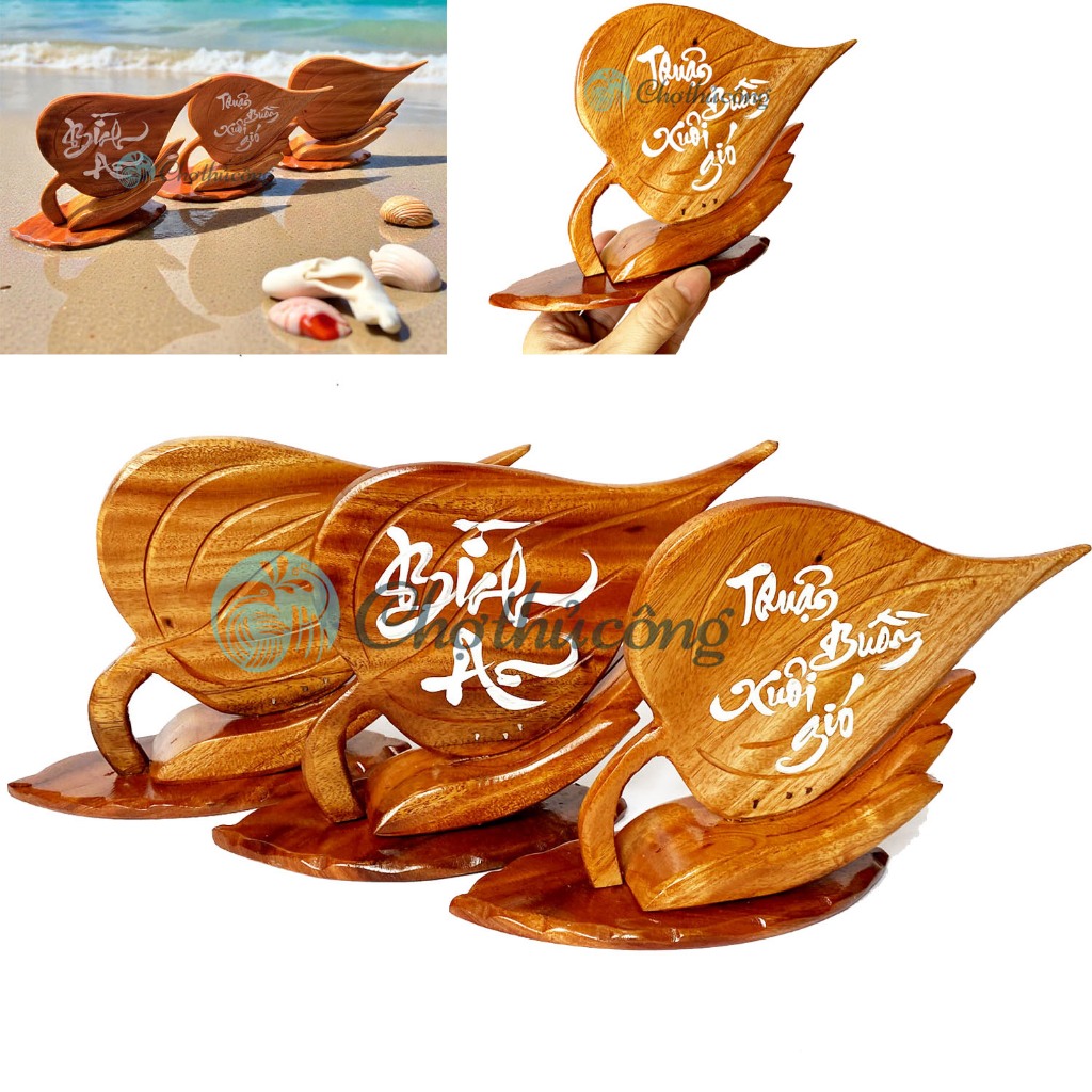 Thuyền thuận buồm xuôi gió mini, tượng decor thuyền lá bồ đề gỗ, đồ gỗ phong thủy để bàn
