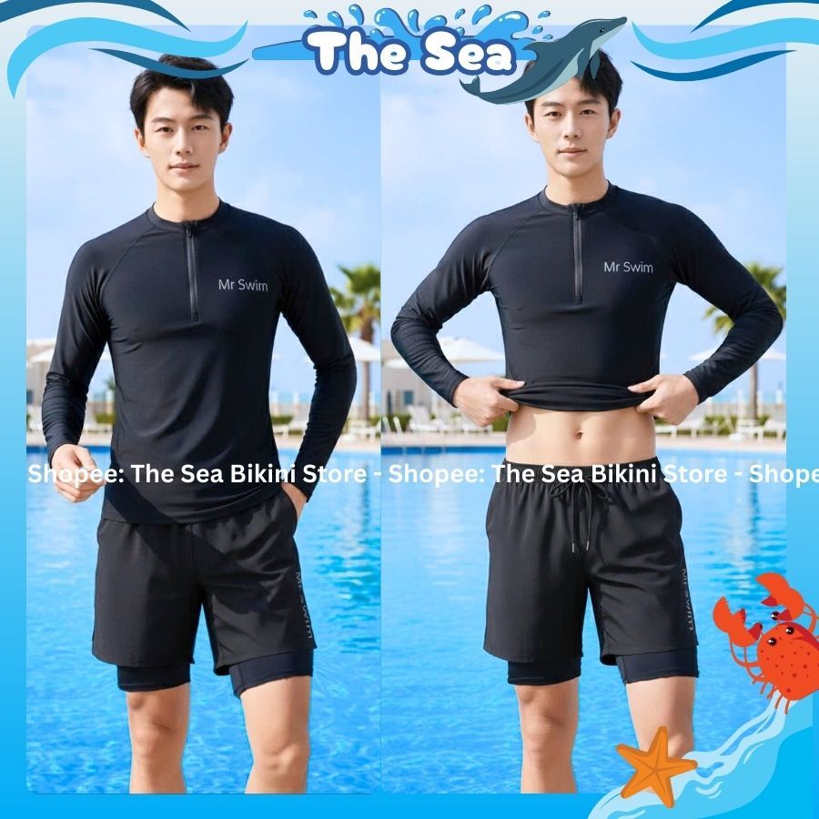 Đồ bơi nam size M - 3XL áo tay dài & tay ngắn có khóa zip kéo bộ đi biển quần đùi 2 lớp nguyên bộ màu đen The sea 044 | BigBuy360 - bigbuy360.vn