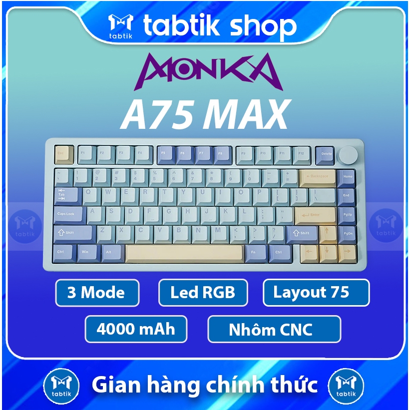 [Hỏa Tốc] Bàn Phím Cơ Không Dây Monka A75 Max Blue - Nhôm (3 Mode | Led RGB | Hot Swap | 4000maH)