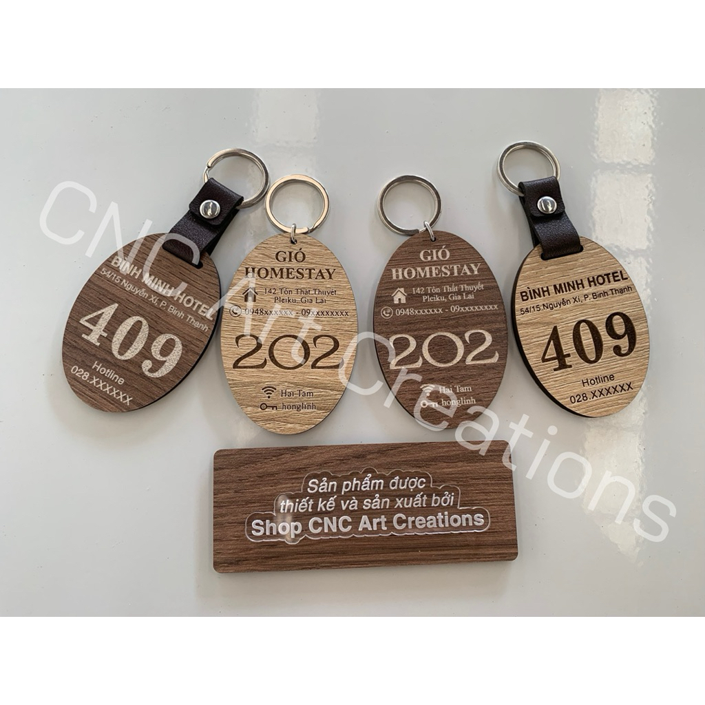 Móc khoá hình oval khắc thông tin, số phòng khách sạn bằng gỗ plywood phủ melamine