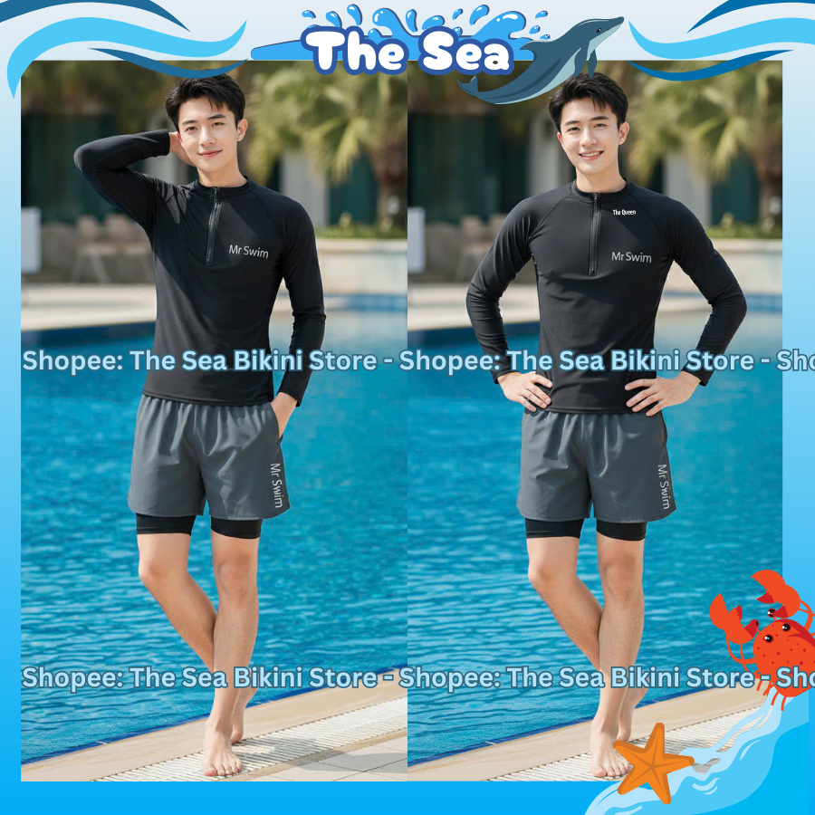 Đồ bơi nam size M - 3XL áo tay dài & tay ngắn có khóa zip kéo bộ đi biển quần đùi 2 lớp nguyên bộ màu đen The sea 044 | BigBuy360 - bigbuy360.vn