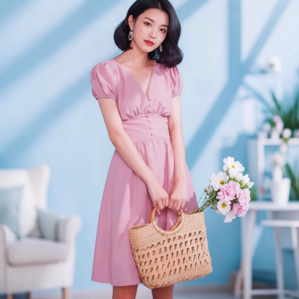 Đầm babydoll hồng dễ thương đính nút bọc size S dưới 45kg (kèm hình thật)