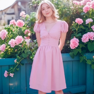 Đầm babydoll hồng dễ thương đính nút bọc size S dưới 45kg (kèm hình thật)