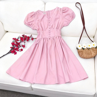 Đầm babydoll hồng dễ thương đính nút bọc size S dưới 45kg (kèm hình thật)