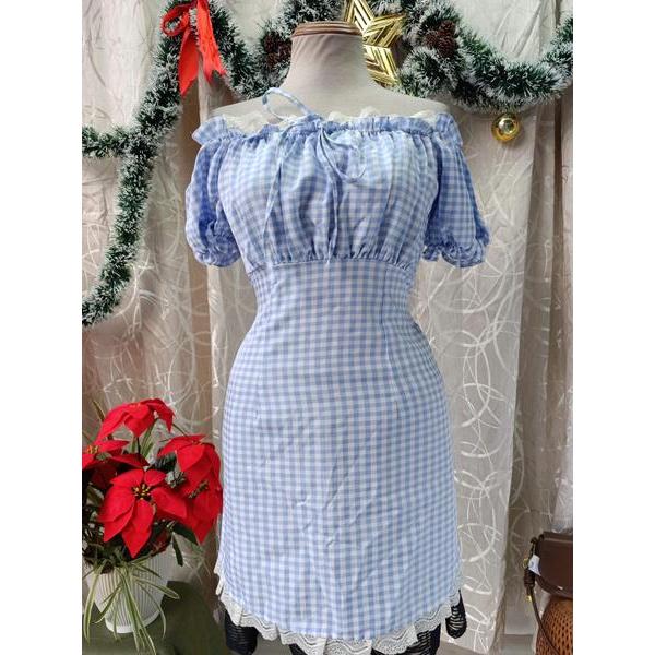 CHIBEST thanh lý - Đầm trễ vai caro bymo - SIZE S
