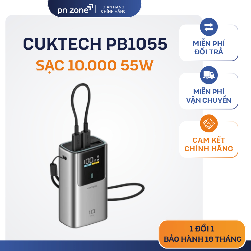 Cuktech PB1055 Mini Power Bank 10.000mAh 55W PD/PPS/QC/Mi Turbro - Bảo Hành 18 Tháng