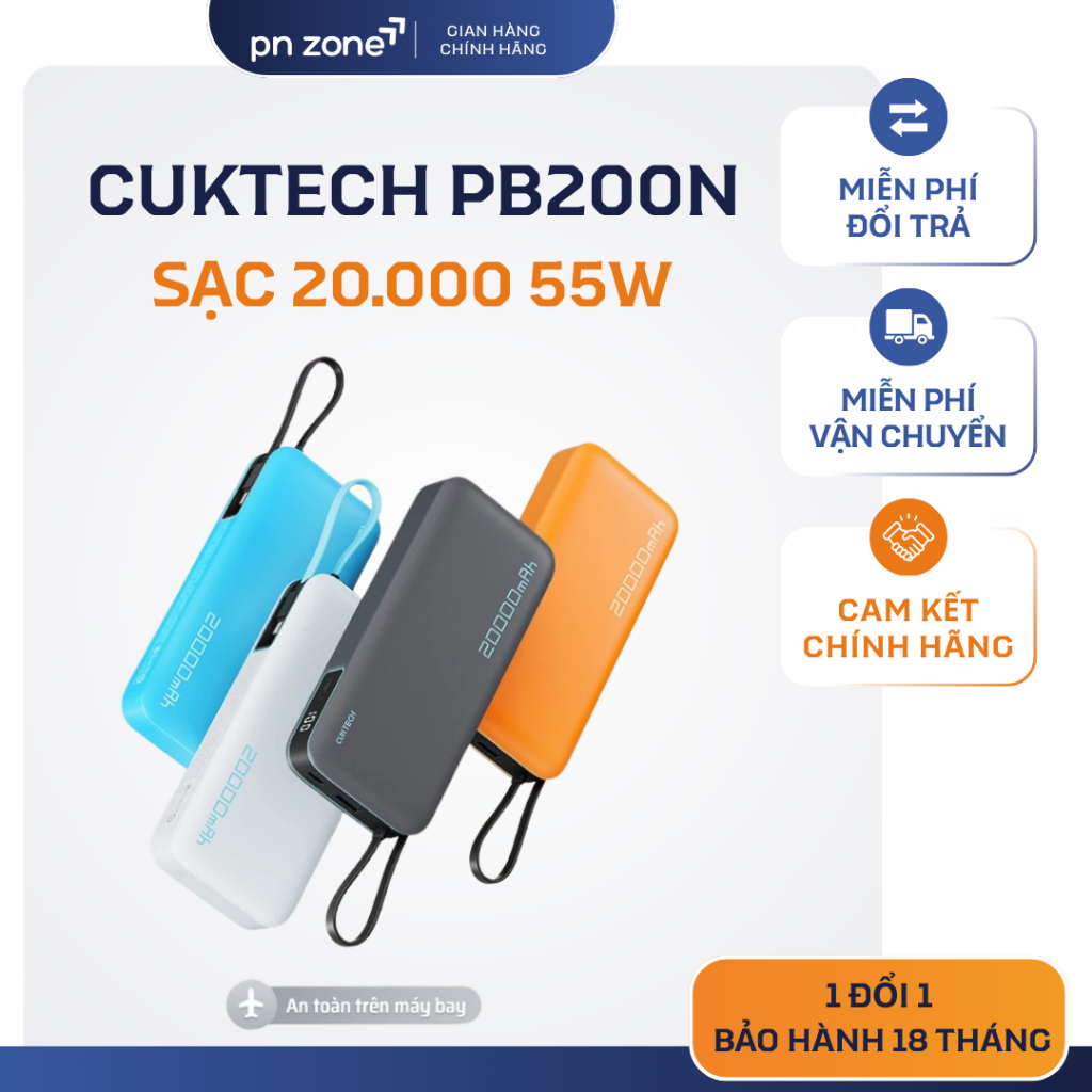 Cuktech 20000mAh 55W (PB200N) - Dây Type-C Tích Hợp, Bảo Hành 18 Tháng.