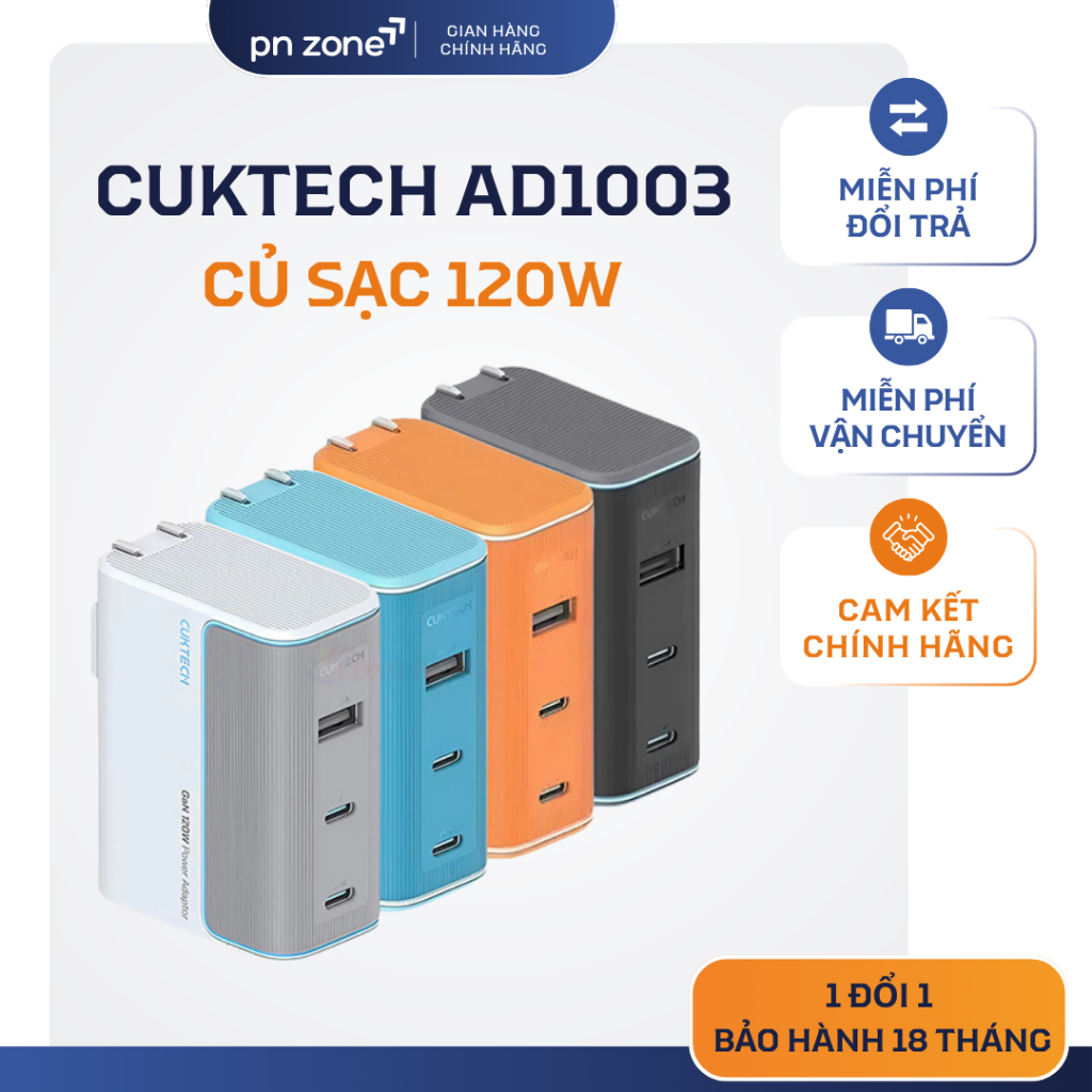 Sạc Nhanh Cuktech 120W (AD1003) 3 Cổng Turbo PD3.1/PPS2.0/QC - Bảo Hành 18 Tháng