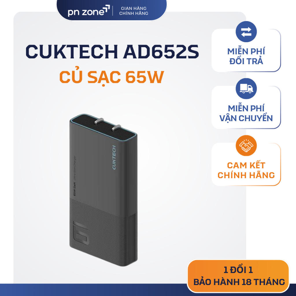 Sạc Cuktech Ultra Slim 65W AD652S - 2 Cổng PD/PPS 2.0/QC 4.0+ - Bảo Hành 18 Tháng