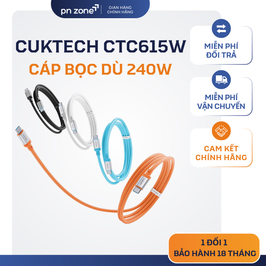Cáp Sạc Cuktech CTC615W 240W 6A - Truyền Dữ Liệu Nhanh, Bảo Hành 18 Tháng