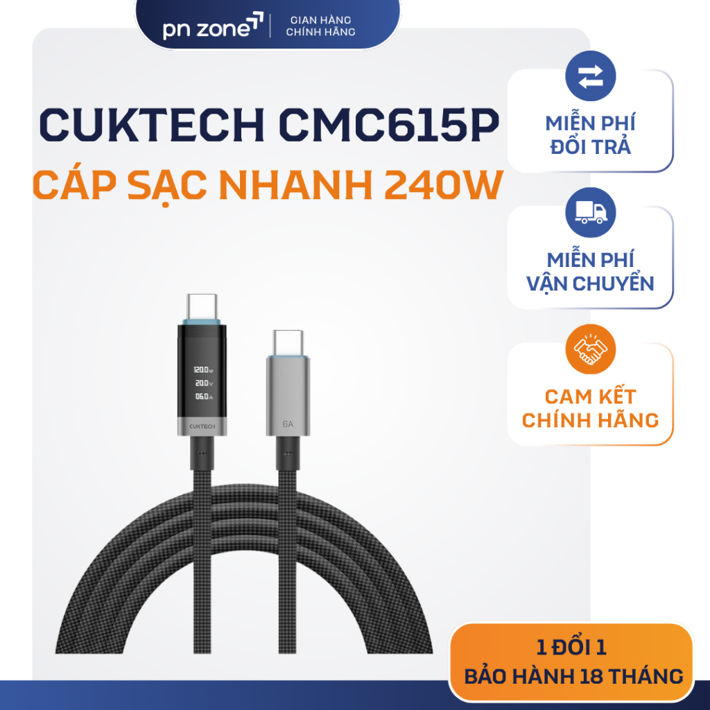 Cáp Sạc Nhanh Cuktech CTC615P/CTC620P 240W với Màn Hình LED - Bảo Hành 18 Tháng