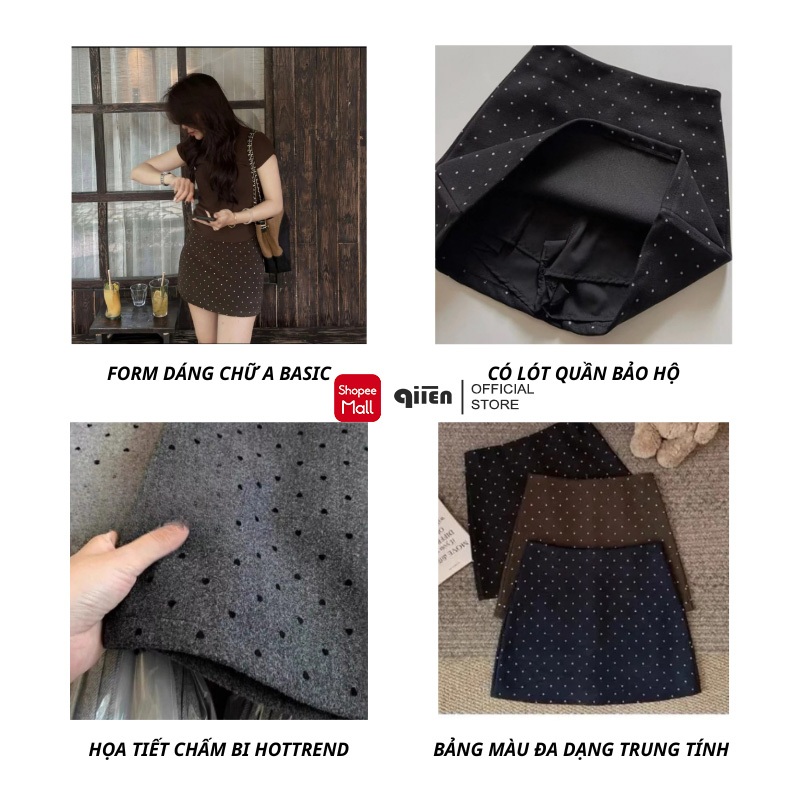 [DẠ ĐẸP] Chân váy nữ chữ A chất dạ ép chấm bi có lót quần QIIEN chân váy Nữ Mini Skirts dáng chữ A Basic CV120 | BigBuy360 - bigbuy360.vn