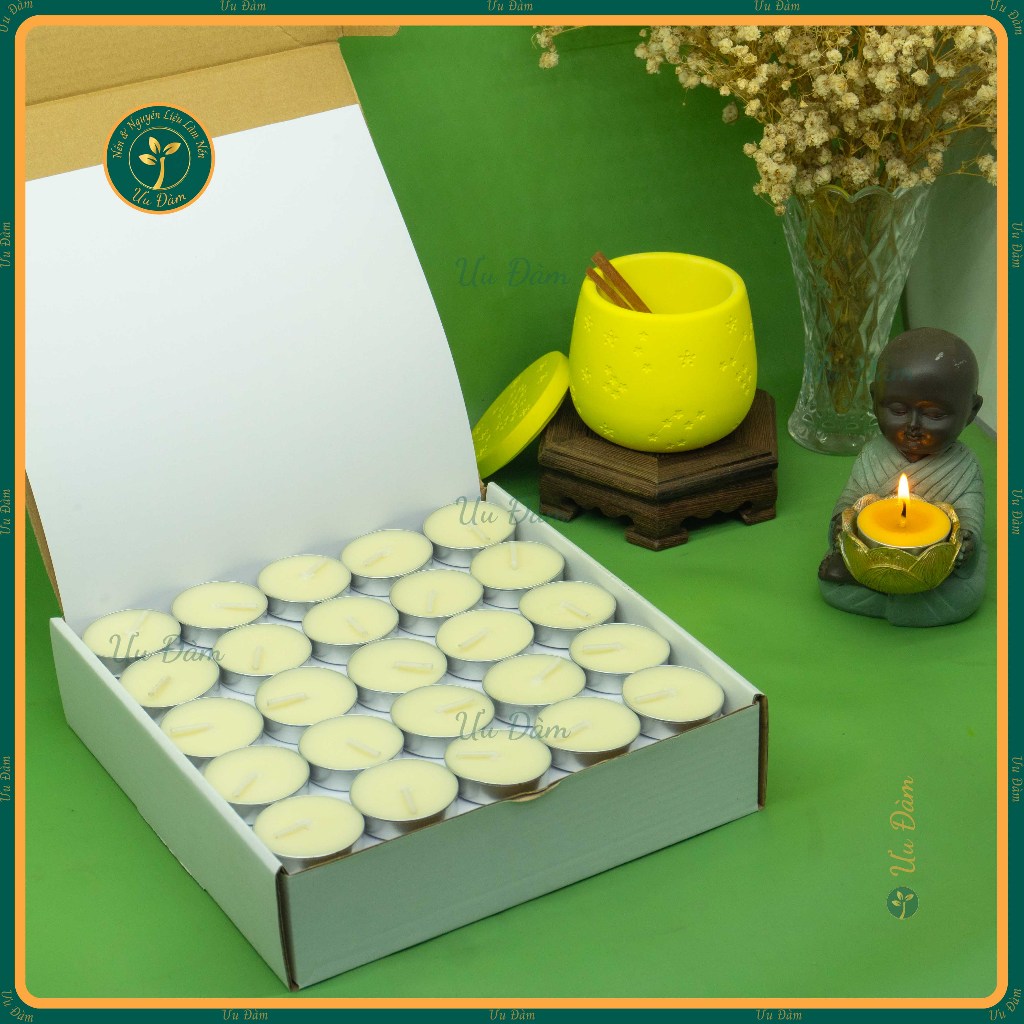 Nến bơ Tealight, nến xông tinh dầu, không khói, cháy 2 giờ, Sáp nến gốc thực vật, hộp 100 viên - Nến