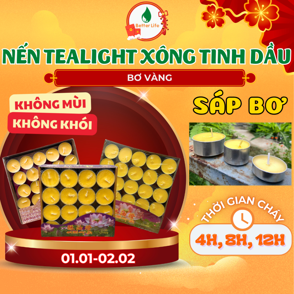Nến tealight bơ vàng cháy lâu 50-100 viên xông tinh dầu, trang trí, nến viên tròn mini thờ cúng