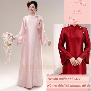Áo Dài Nữ Truyền Thống Dáng Xuông GẤM VÂN MÂY Tay Dài Loe Xẻ Đính Nơ- ÁO DÀI TẾT - ÁO DÀI CƯỚI CHỤP HÌNH