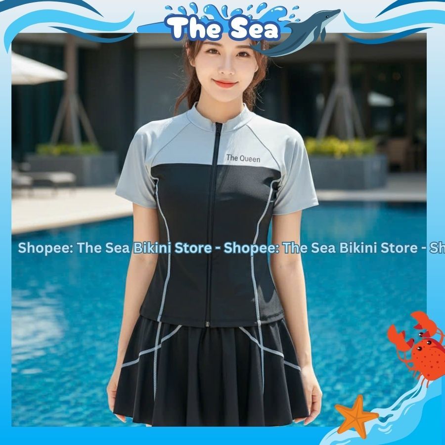 Đồ bơi váy nữ So Cool bikini rời mảnh kín đáo váy viền chỉ đánh bông áo khóa kéo phối màu Hàn Quốc The Sea 054 | BigBuy360 - bigbuy360.vn