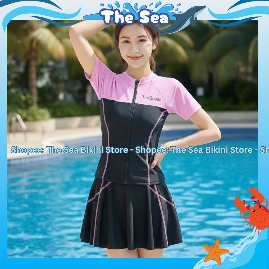 Đồ bơi váy nữ So Cool bikini rời mảnh kín đáo váy viền chỉ đánh bông áo khóa kéo phối màu Hàn Quốc The Sea 054 | BigBuy360 - bigbuy360.vn