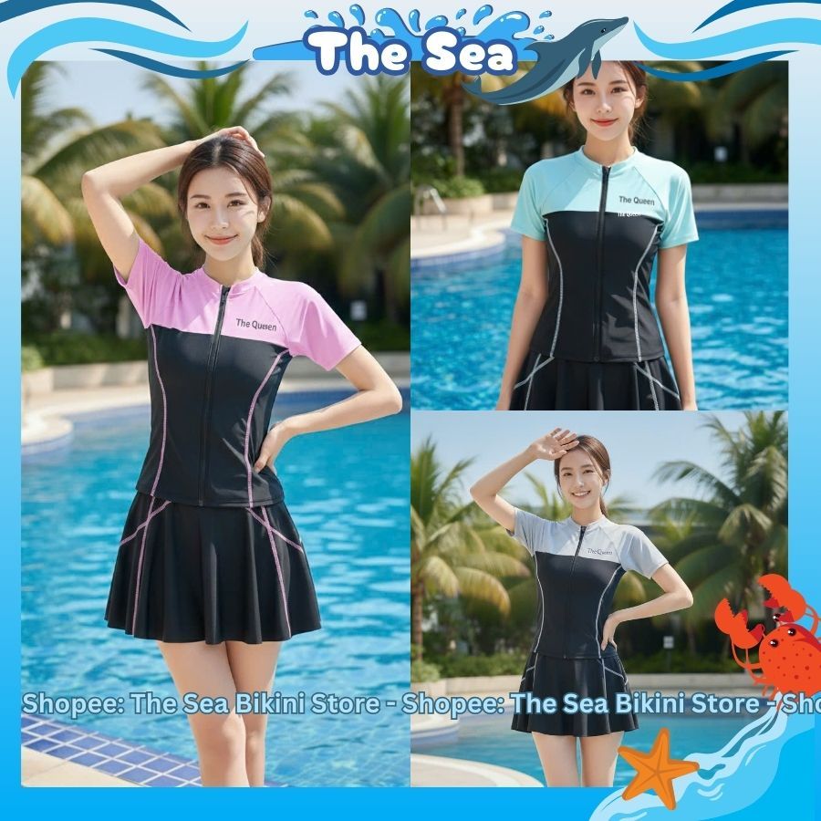 Đồ bơi váy nữ So Cool bikini rời mảnh kín đáo váy viền chỉ đánh bông áo khóa kéo phối màu Hàn Quốc The Sea 054 | BigBuy360 - bigbuy360.vn